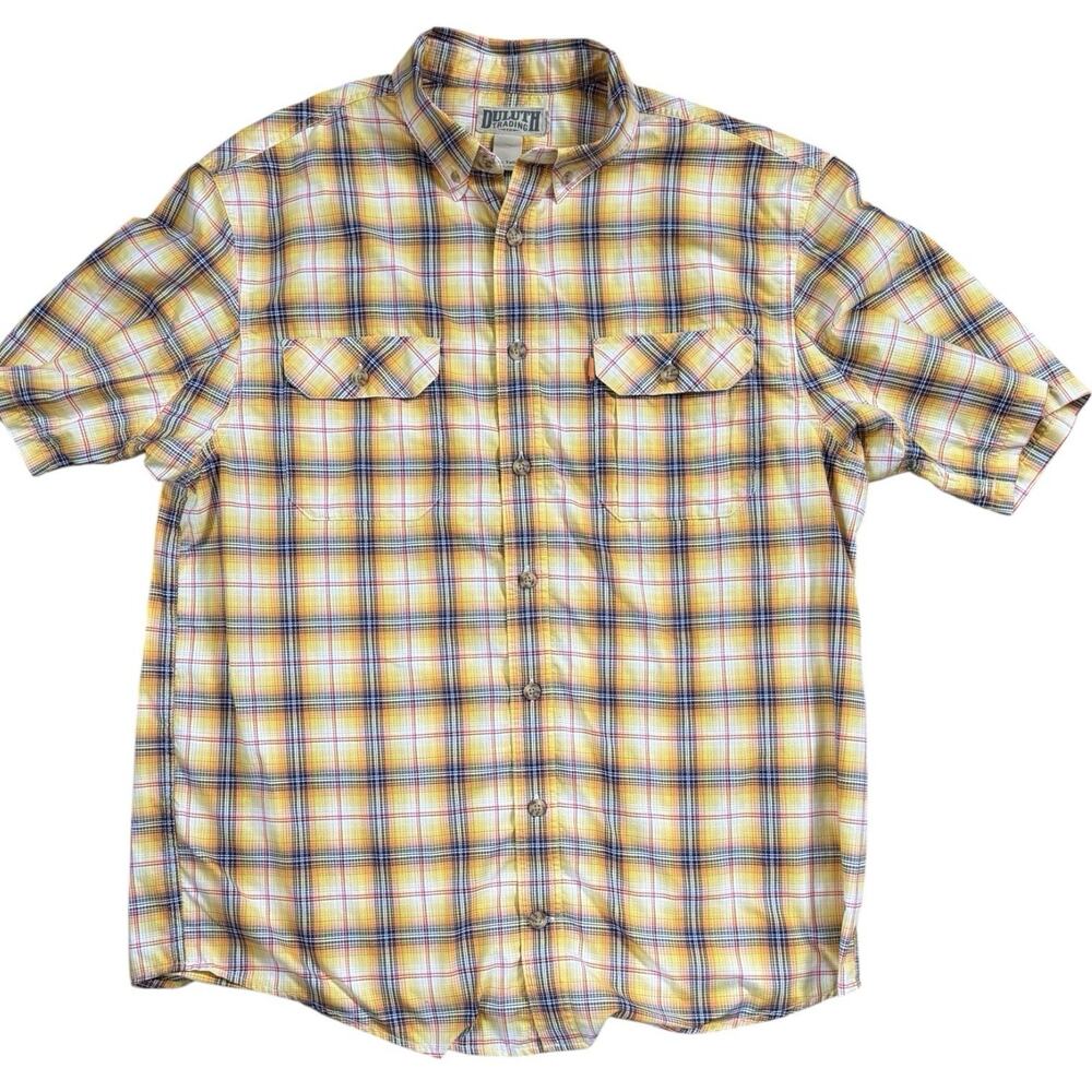 Duluth Trading mens shirt XL tall yelllow red black plaid SS EUC